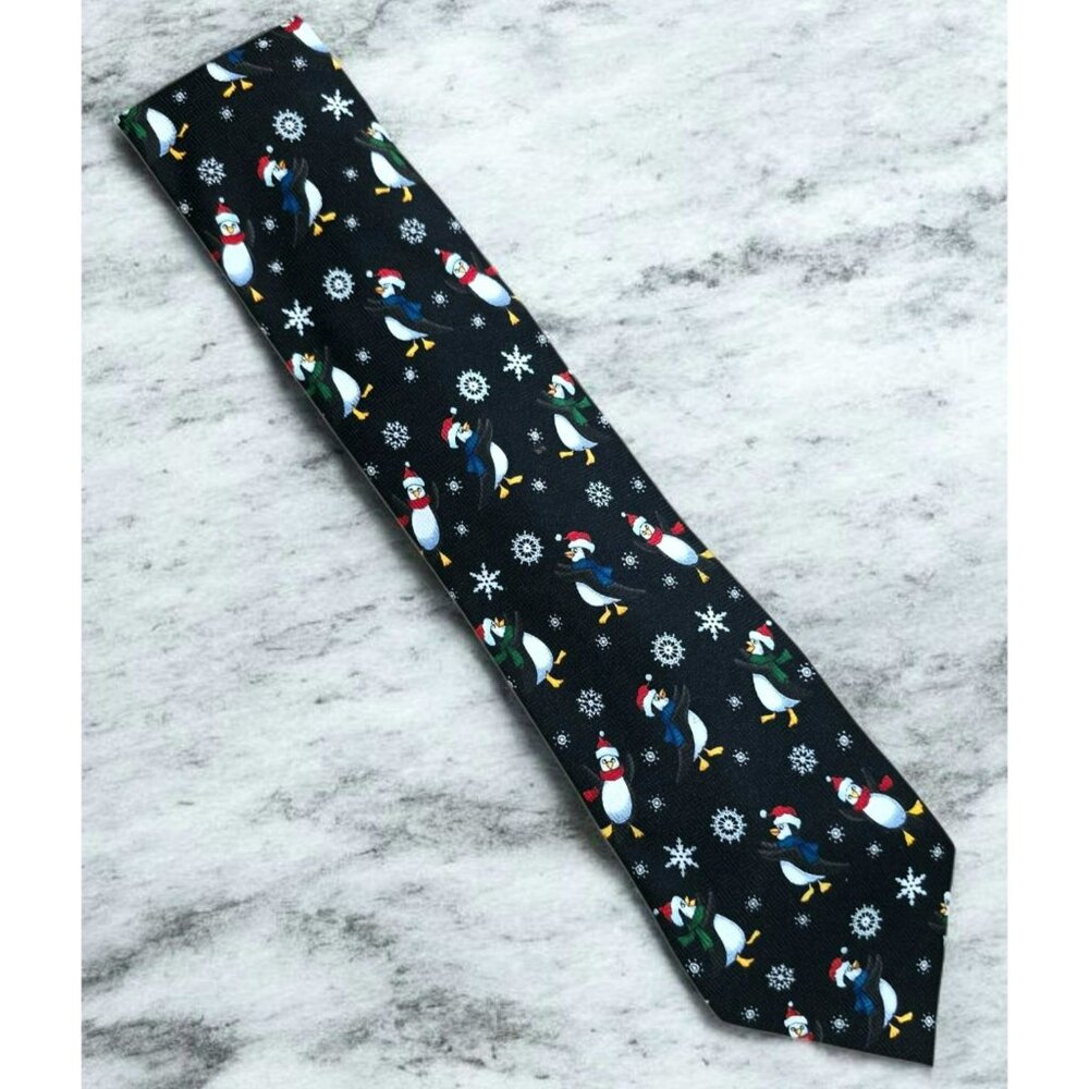 Christmas Penguin Neck Tie Whimsical Santa Hat Snowflakes Black Novelty Holiday